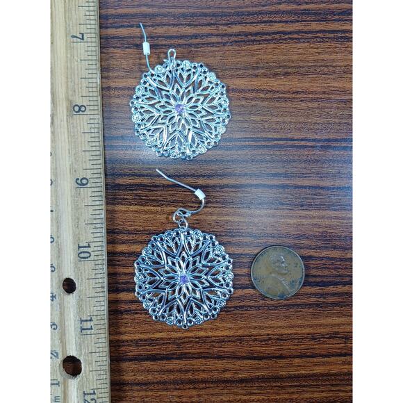 Beautiful Silvertone & Purple Necklace & Earrings Shiny Beautiful Preppy Fancy - Picture 8 of 9